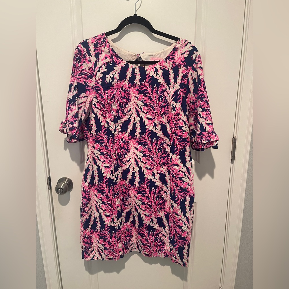 Lilly Pulitzer Fiesta stretch dress Natuti navy beyond the sea mod ruffle Coral